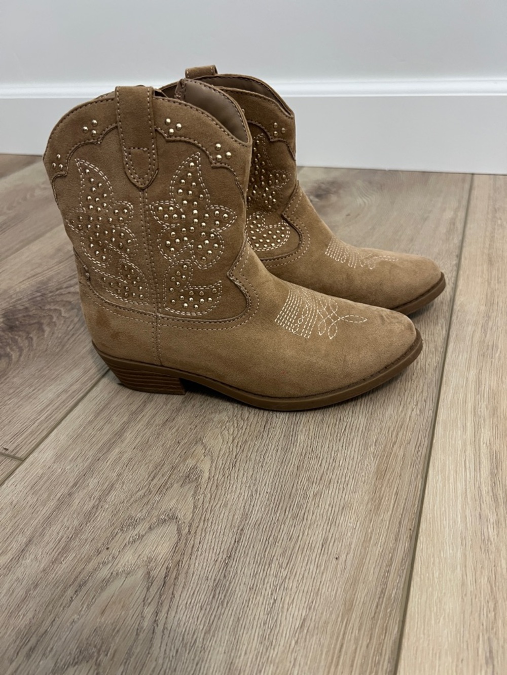 Tan Suede Western Ankle Boots with Stud Detail